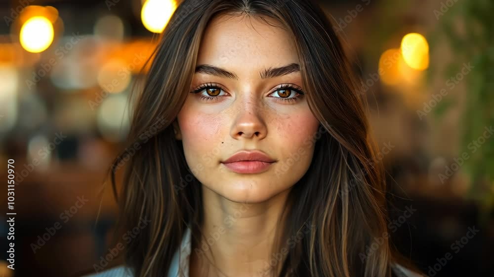 A young woman with long brown hair stares intently at the camera, her face framed by soft light A young woman with long brown hair stares intently at the camera, her face framed by soft light