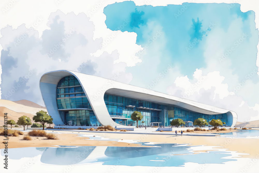 Fototapeta premium Futuristic convention center building project in the desert by the sea reflecting water