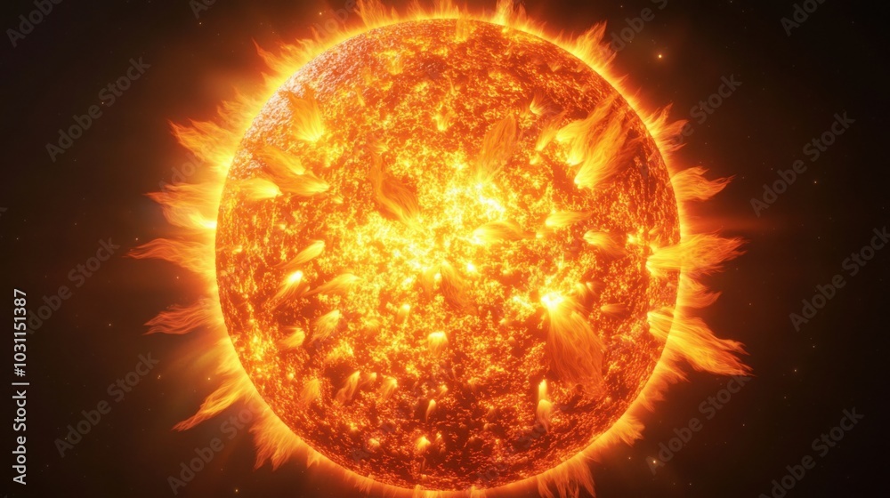Detailed 3D model of the sun's fiery surface, showcasing intense nuclear fusion process with swirling plasma, solar flares, and molten energy. 