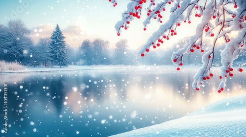 Snowy winter landscape with a frozen lake, red berries on a snow-covered branch in the foreground, and a forest in the background.