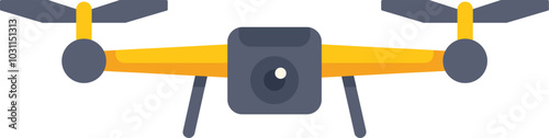 Yellow drone with camera is hovering and recording footage from the air