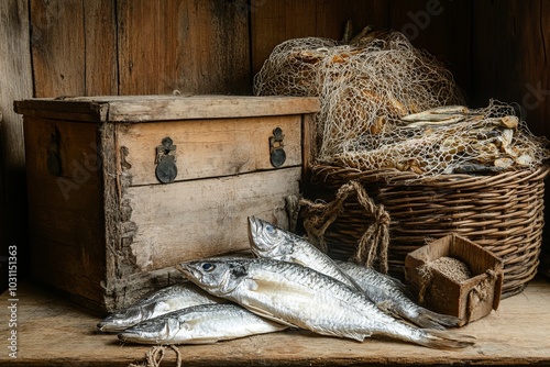 Rustic Still Life with Dried Fish and Fishing Net photo