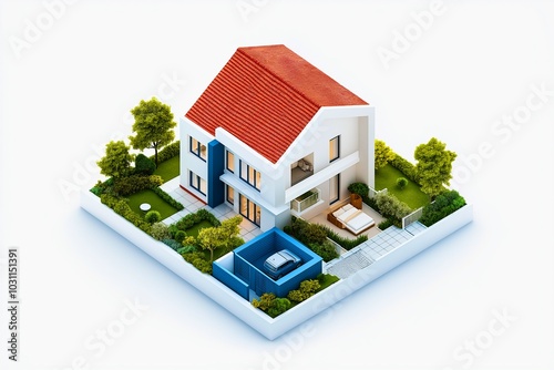 A modern, white two-story house with a striking red roof is surrounded by a carefully manicured garden, featuring trees, shrubs, and a stylish carport with slick paving.
