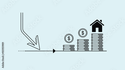 Illustration depicting financial growth in real estate with an arrow and stacked coin progressions leading to a house symbol on a light blue background.