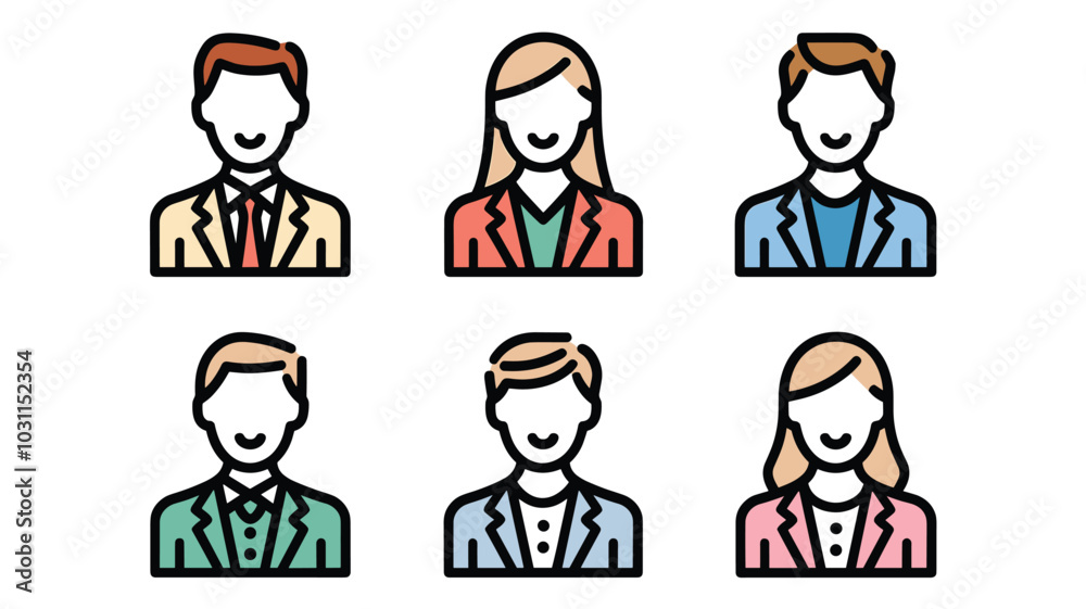 Colorful icons of diverse professional individuals, both male and female, depicted in suits and formal attire, showcasing a variety of hairstyles and colors. Colorful icons of diverse professional individuals, both male and female, depicted in suits and formal attire, showcasing a variety of hairstyles and colors.