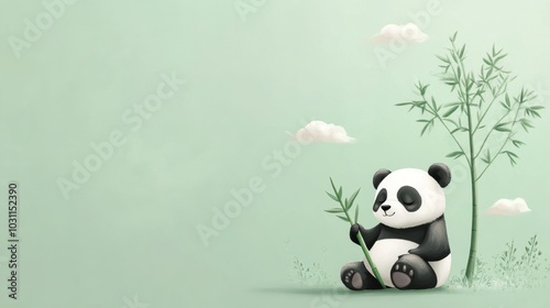 Cute panda bear sitting near bamboo with a green background.