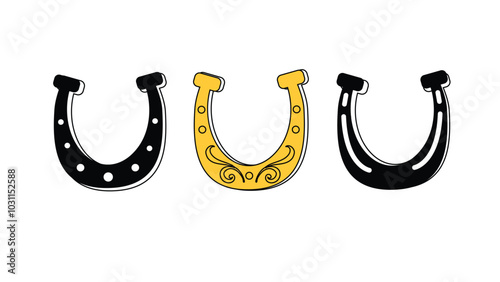 Doodle set of three horseshoes, horseshoe icon, wild west cowboy good luck sign. Happy St. Patrick's Day symbol, vector clipart illustration