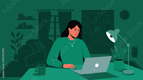 Illustration of a woman working on her laptop at a cozy desk in a green-themed home office environment.