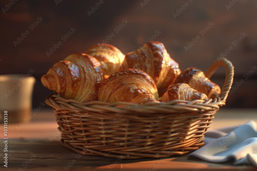 Croissant: A basket of freshly baked croissants Croissant: A basket of freshly baked croissants