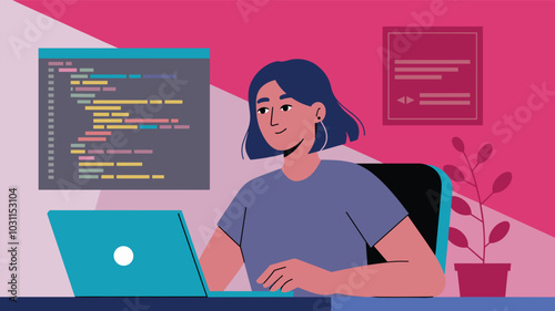 Illustration of a young woman programming on a laptop in a modern office with colorful accents, showcasing focus and creativity in a tech-driven environment.