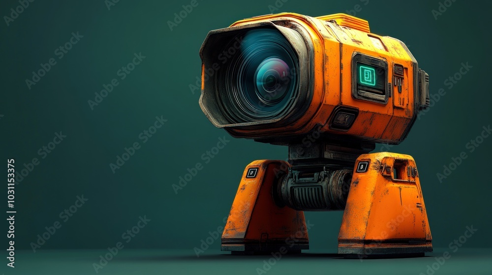 Fototapeta premium A cute, yellow robot with a camera lens for a head stands on a green background.