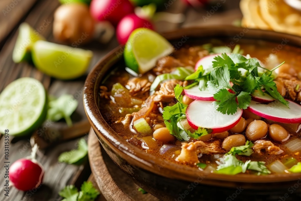 Pozole: A bowl of pozole soup garnished with radishes Pozole: A bowl of pozole soup garnished with radishes