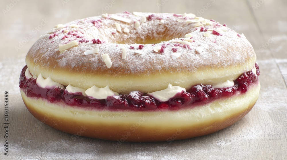 A large, round donut with a white glaze, white chocolate sprinkles, and a filling of cream and cherry jam on a wooden surface. A large, round donut with a white glaze, white chocolate sprinkles, and a filling of cream and cherry jam on a wooden surface.