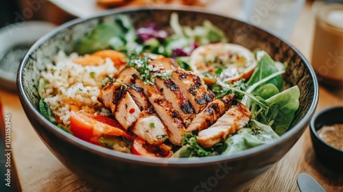 A bowl of salad with grilled chicken, tomatoes, lettuce, and rice.