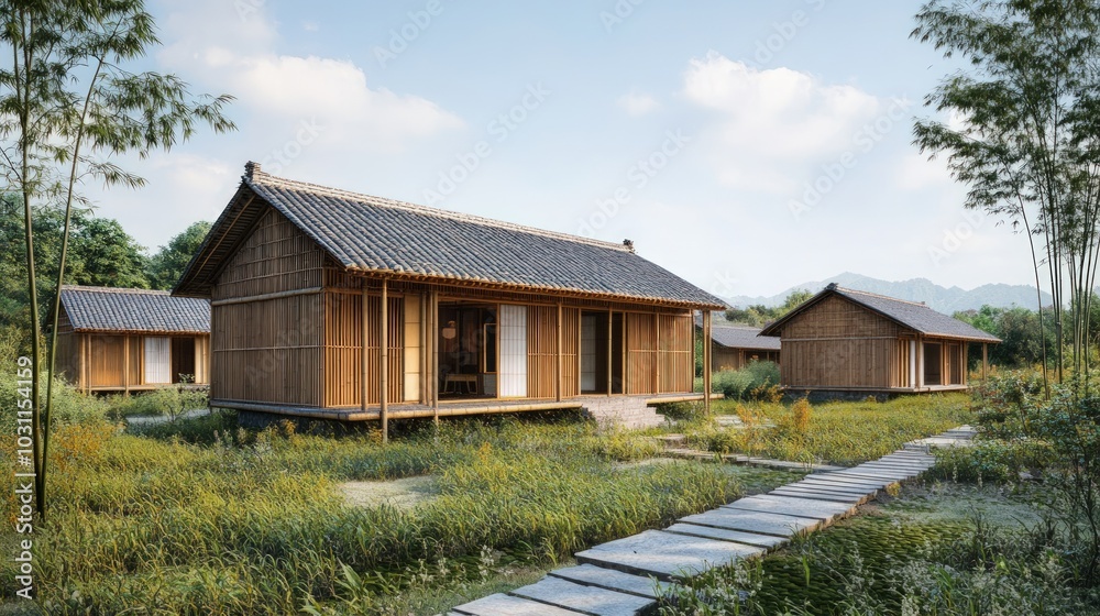 Traditional bamboo houses in a rural setting with a stone pathway leading to the front door. Traditional bamboo houses in a rural setting with a stone pathway leading to the front door.