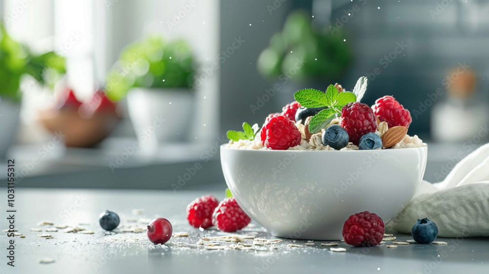Healthy eating habits. Minimalist kitchen countertop with a clean bowl of oatmeal, topped with organic berries, nuts, and seeds, surrounded by a light, airy atmosphere Healthy eating habits. Minimalist kitchen countertop with a clean bowl of oatmeal, topped with organic berries, nuts, and seeds, surrounded by a light, airy atmosphere