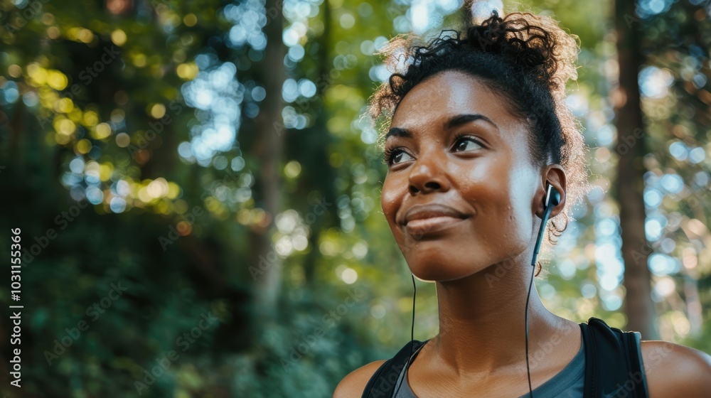 Fit woman enjoying a podcast in nature while exercising, feeling joyful and motivated with music during her workout Fit woman enjoying a podcast in nature while exercising, feeling joyful and motivated with music during her workout