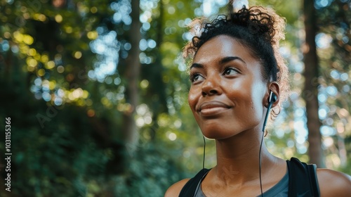 Fit woman enjoying a podcast in nature while exercising, feeling joyful and motivated with music during her workout