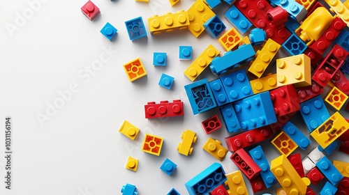 Colorful toy bricks scattered on white background, top view. Educational toys, construction concept.