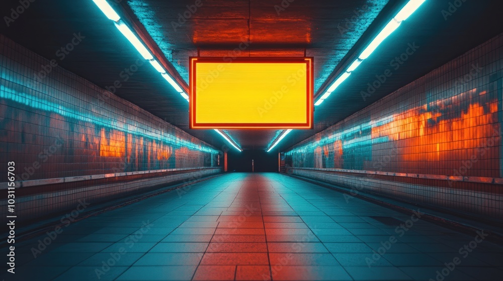 Fototapeta premium An empty subway tunnel with a blank billboard in the center. The walls are tiled in white and the floor is red and blue.