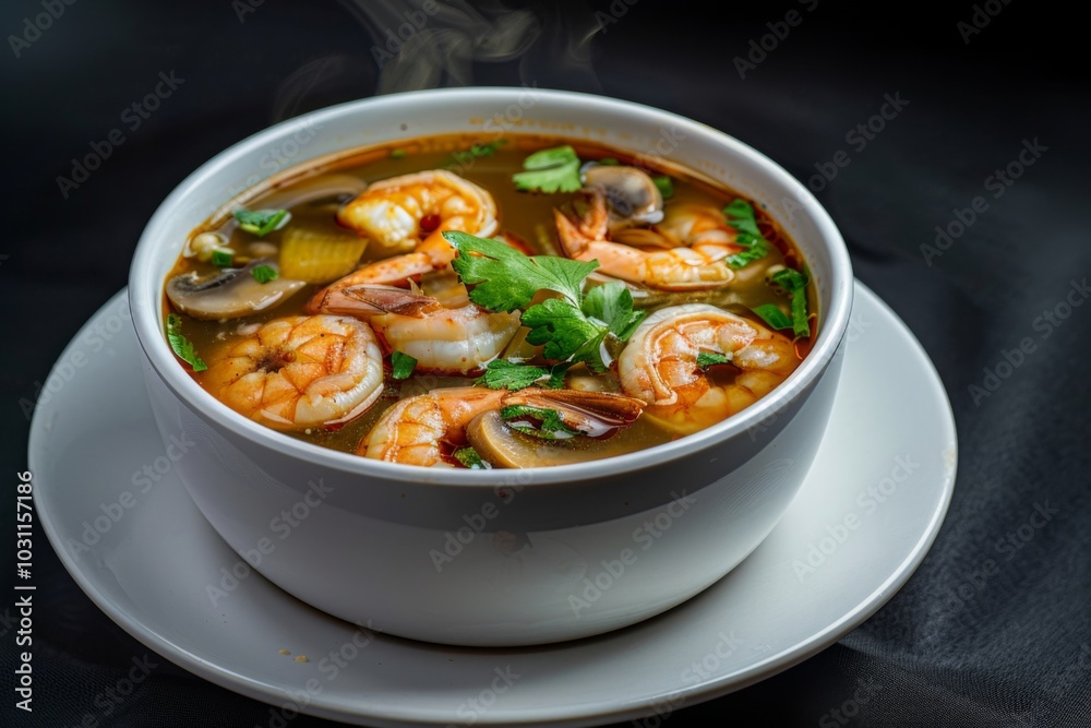 Tom Yum: A bowl of spicy and sour tom yum soup with shrimp and mushrooms Tom Yum: A bowl of spicy and sour tom yum soup with shrimp and mushrooms