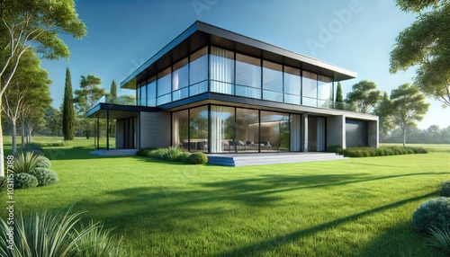 Modern Single-Story House with Glass Windows