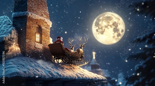 A whimsical display of Santaa??s sleigh and reindeer resting on a rooftop under a bright moon, surrounded by a blanket of snow, evoking a magical Christmas Eve atmosphere. photo