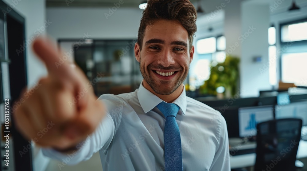 Joyful mixed-race professional gesturing with a finger while alone in an office, alongside another businessman making a hand gesture