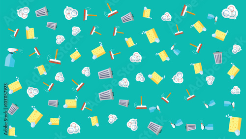 Abstract background doodle pattern contains Clean icon a broom, trash can, plate, sprayer, dishwashing sponge with outline suitable for banner or marketing poster about activities house cleaning