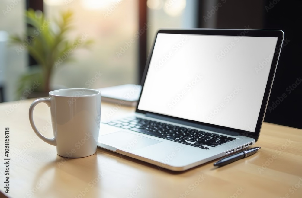 A serene workspace featuring a laptop, coffee mug, and a pen on a wooden desk beside a window with soft natural light A serene workspace featuring a laptop, coffee mug, and a pen on a wooden desk beside a window with soft natural light