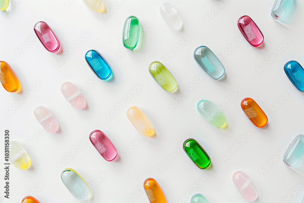 Multicolored capsules of medicines and vitamins on a white background. Concept template for advertising health products, superfoods, dietary supplements. For backdrops and wallpapers Multicolored capsules of medicines and vitamins on a white background. Concept template for advertising health products, superfoods, dietary supplements. For backdrops and wallpapers