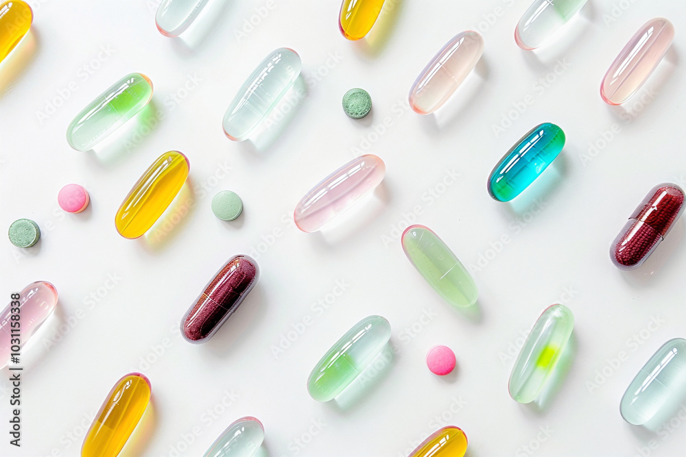 Multicolored capsules of medicines and vitamins on a white background. Concept template for advertising health products, superfoods, dietary supplements. For backdrops and wallpapers Multicolored capsules of medicines and vitamins on a white background. Concept template for advertising health products, superfoods, dietary supplements. For backdrops and wallpapers