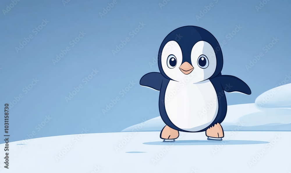 Naklejka premium Cute Cartoon Penguin on Ice in Winter Wonderland with Clear Blue Sky and Snowy Background