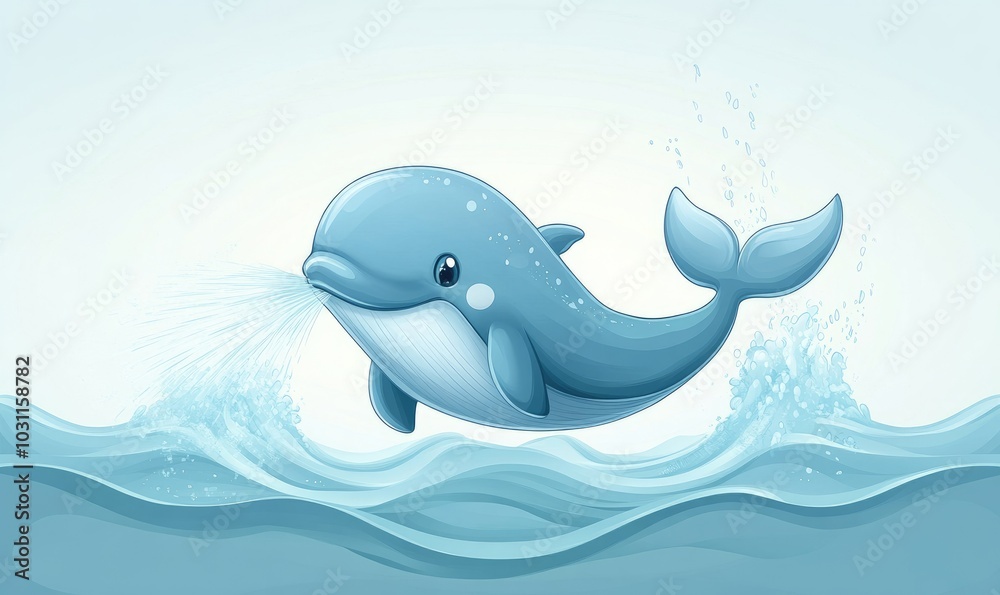 Obraz premium Cute Cartoon Whale Spouting Water in Ocean Waves with Light Blue Background Illustration