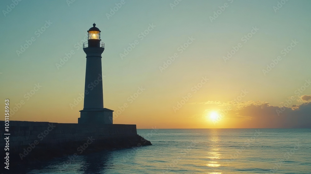 A solitary lighthouse stands tall on a rocky outcrop, its beacon shining brightly against the backdrop of a vibrant sunrise. The sun is setting over the horizon, casting a warm glow on the water. A solitary lighthouse stands tall on a rocky outcrop, its beacon shining brightly against the backdrop of a vibrant sunrise. The sun is setting over the horizon, casting a warm glow on the water.