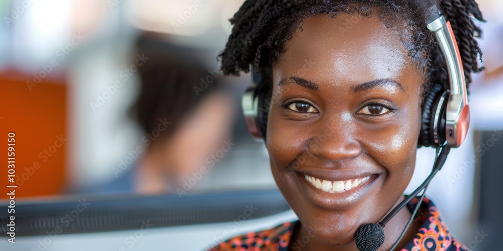 Portrait of a smiling woman in a call center, working as a consultant or agent for customer service, sales, or support, equipped with a microphone Portrait of a smiling woman in a call center, working as a consultant or agent for customer service, sales, or support, equipped with a microphone