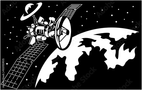 Rockets and satellites in a spaceship silhouette vector 