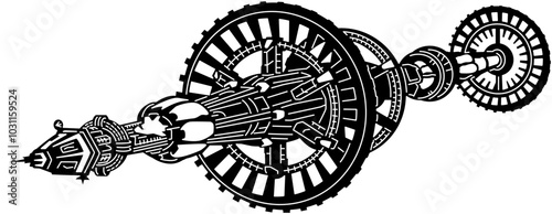 Rockets and satellites in a spaceship silhouette vector 