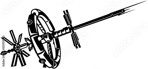 Rockets and satellites in a spaceship silhouette vector 
