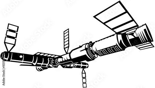 Rockets and satellites in a spaceship silhouette vector 