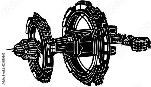 Rockets and satellites in a spaceship silhouette vector 