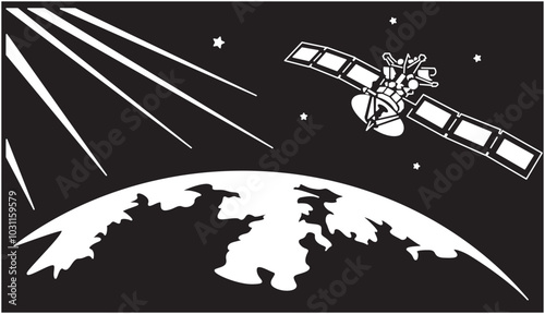 Rockets and satellites in a spaceship silhouette vector 