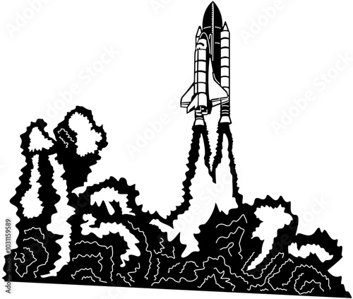 Rockets and satellites in a spaceship silhouette vector 