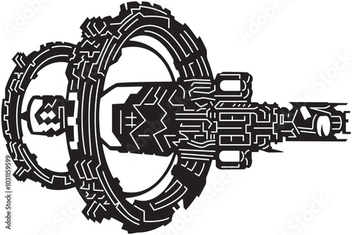Rockets and satellites in a spaceship silhouette vector 