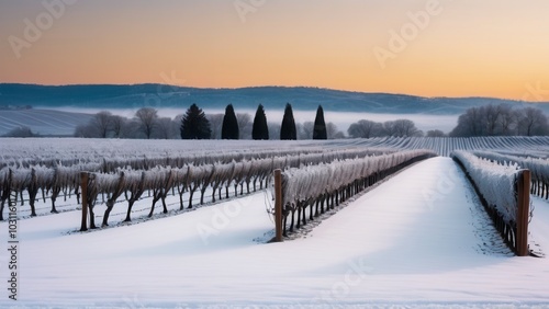 Snow-covered vineyard rows with green grapevines in a rural winter landscape