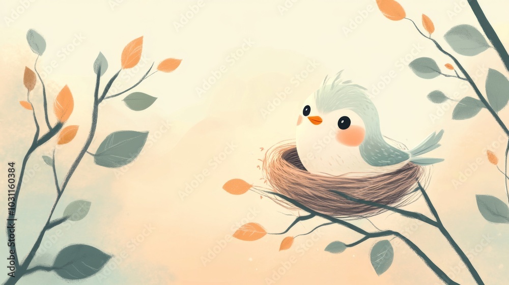 A cute cartoon bird sits in a nest on a branch, surrounded by green and orange leaves. A cute cartoon bird sits in a nest on a branch, surrounded by green and orange leaves.