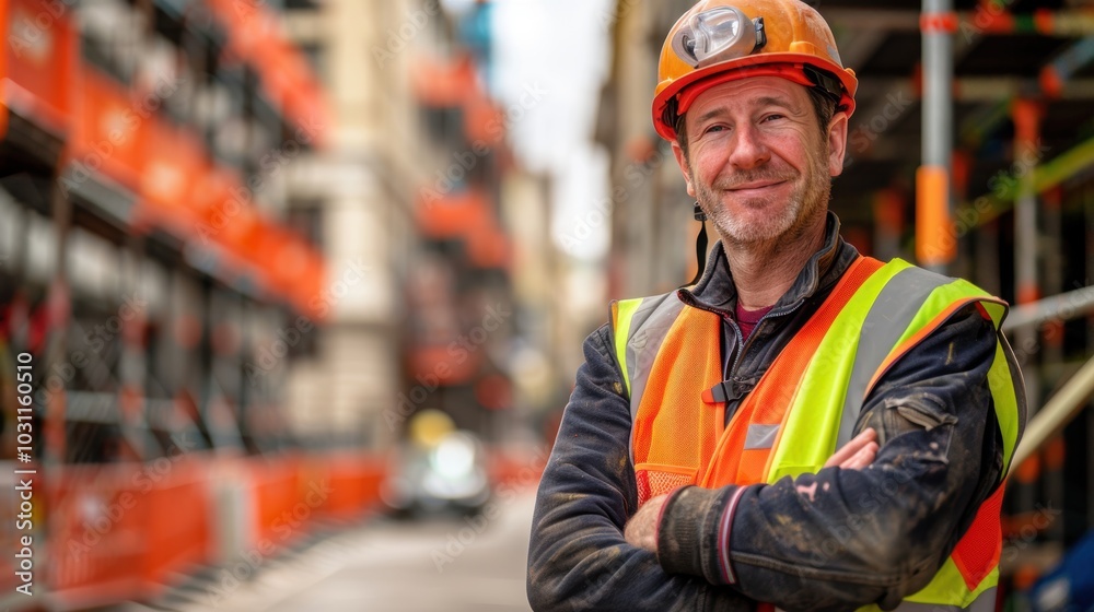 Confident mature construction engineer smiling with arms crossed, wearing a hard hat and reflective vest at a construction site Confident mature construction engineer smiling with arms crossed, wearing a hard hat and reflective vest at a construction site