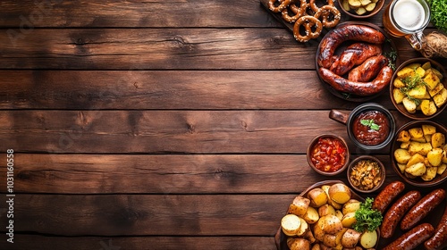 This wooden background features traditional Oktoberfest festival food, such as Bavarian sausages, pretzels, potatoes, sauerkraut, and beer mugs. It also includes a menu and invitation.