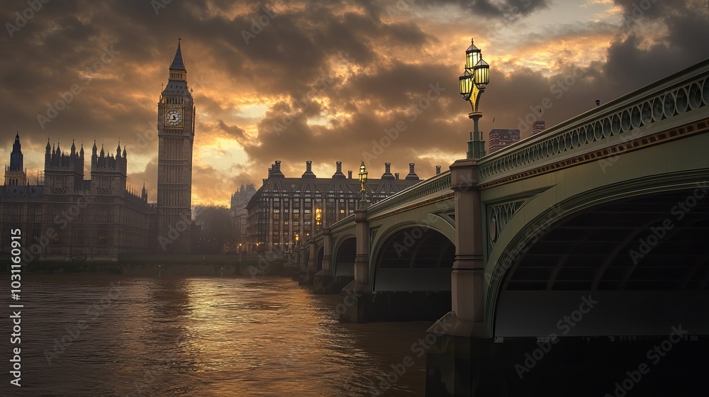 Naklejka premium Westminster Bridge, the Houses of Parliament, and Big Ben in London. 