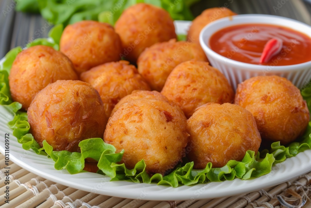 Akara: Fried bean cakes arranged on a plate with a side of chili sauce Akara: Fried bean cakes arranged on a plate with a side of chili sauce